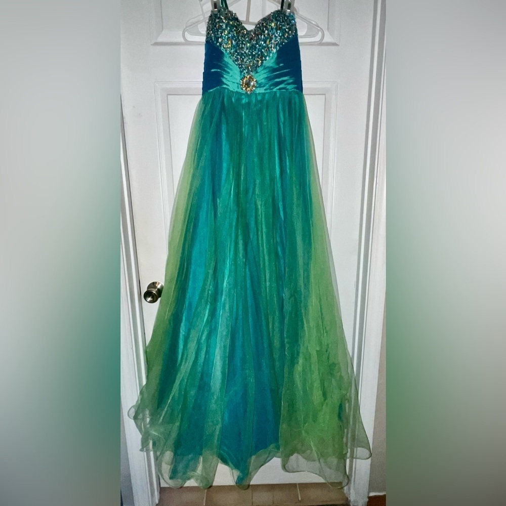 Sean Couture green and blue formal strapless dress